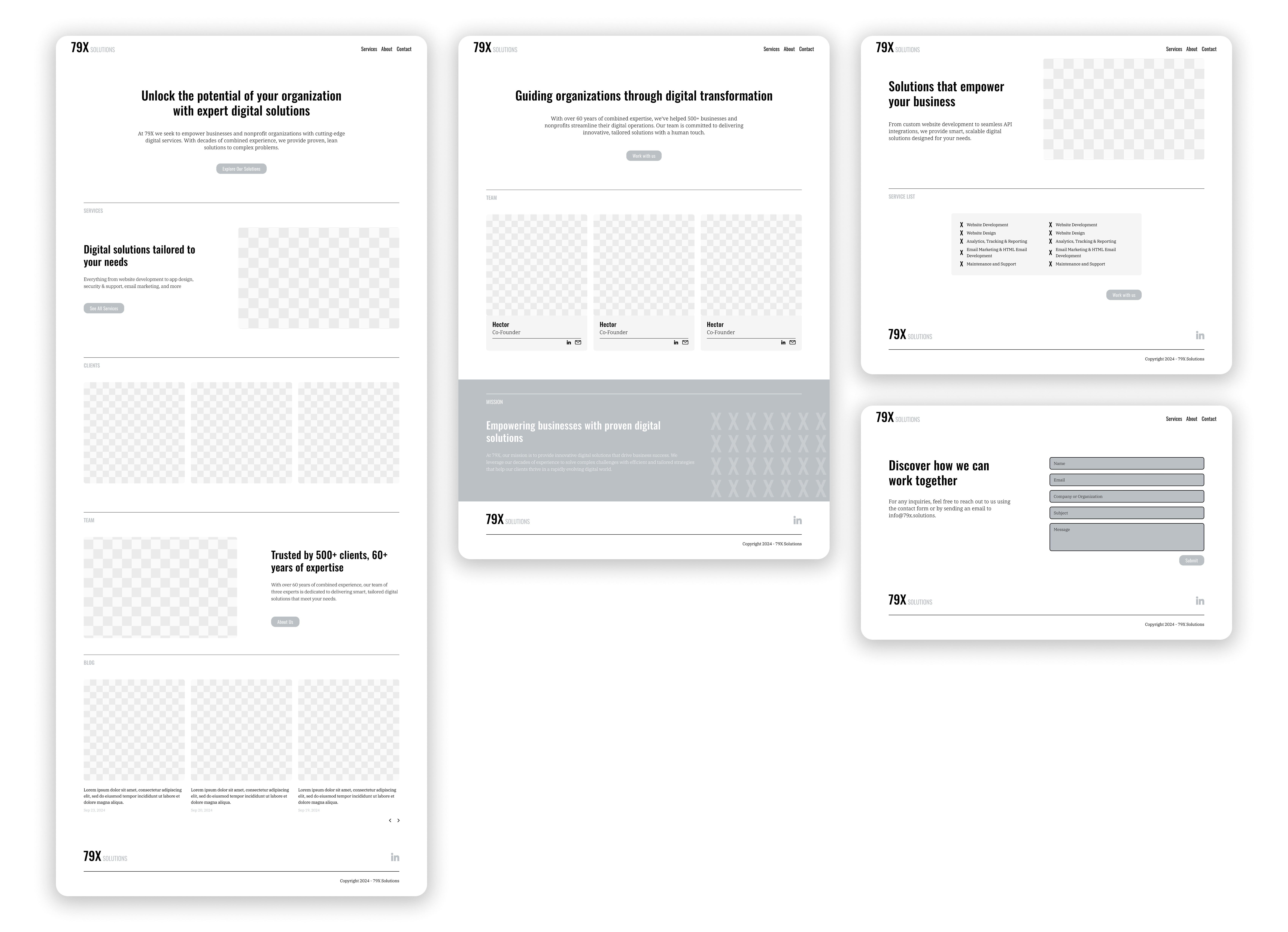Initial wireframes for the 79X Solutions website redesign, showing layout and hierarchy planning