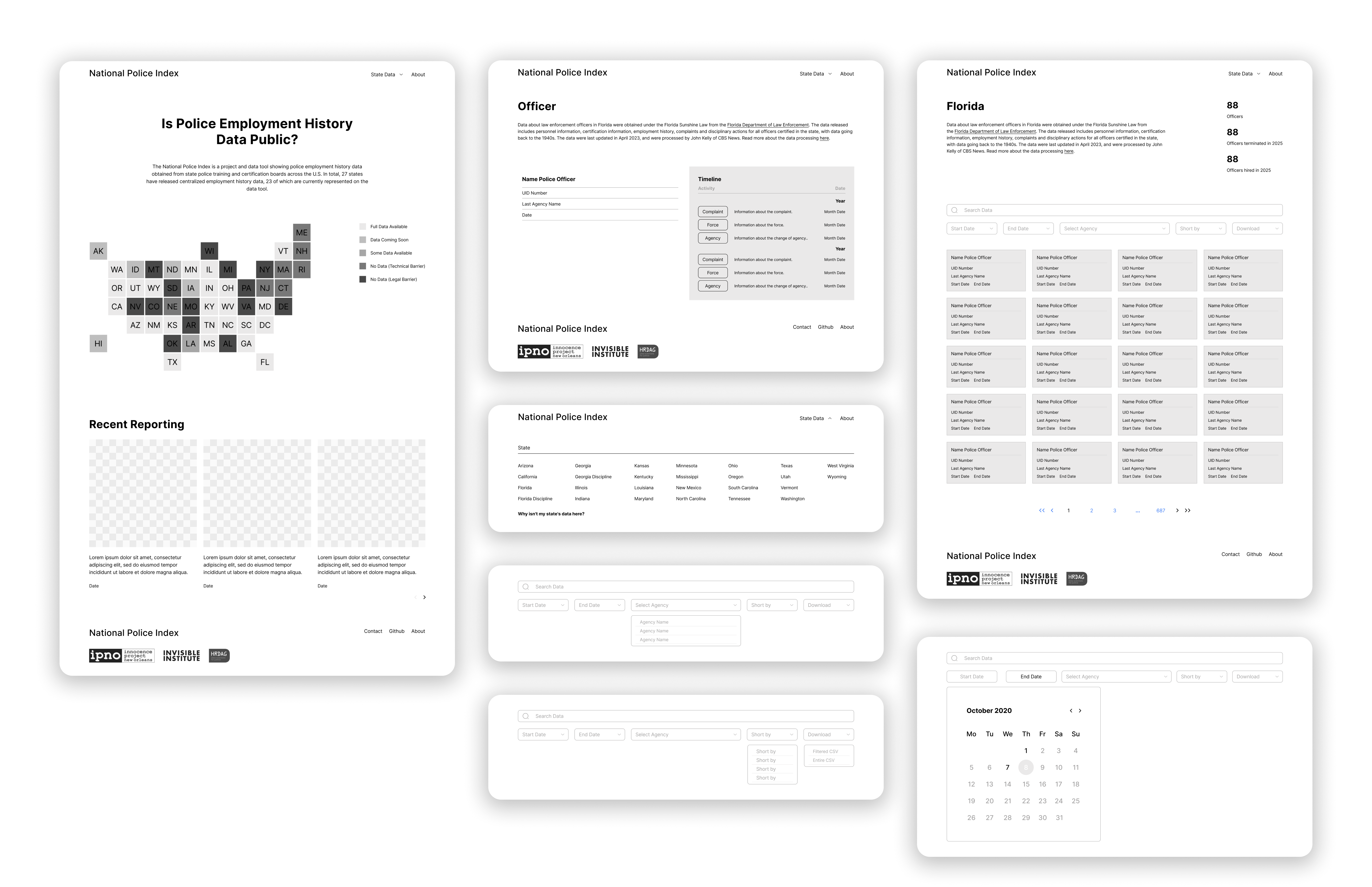 Digital wireframes built in Figma for the National Police Index
